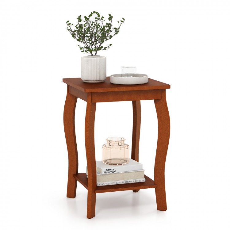 15-inch square end table in walnut with sturdy rubber wood legs, featuring a top for decor and a bottom storage shelf.